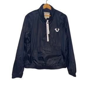 True Religion Womens Black Windbreaker Pull Over 1/4 Zip Jacket Size Large